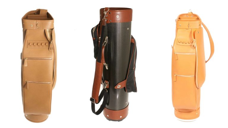 golf bags by Treccani Milano features three leather golf bags with a white background
