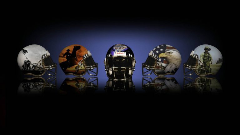 football Helmets by Armori Steele shows 5 helmets with a blue and black background