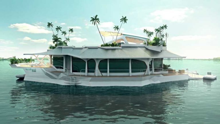 floating island by Orsos a luxury house boat floating in a body of water