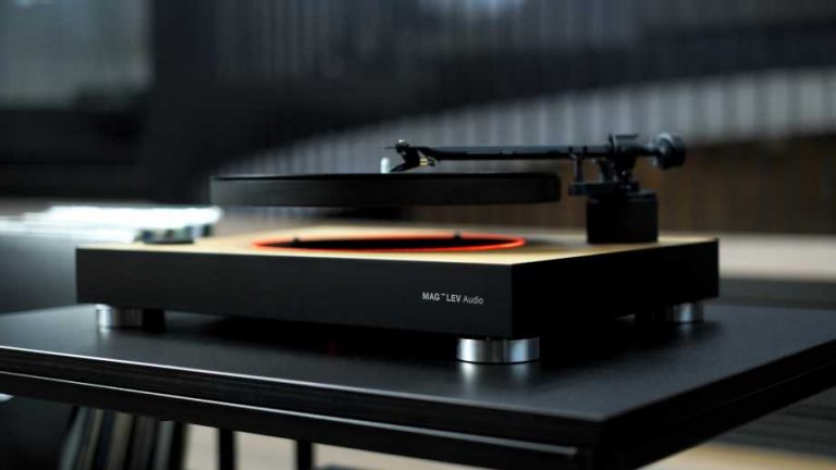 turntables by Mag-Lev shows a record being played on a levitating turntable