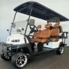 48-Volt C6L six-seater lifted golf cart by Royal EV featuring tan leather seats, alloy wheels, and black roof.